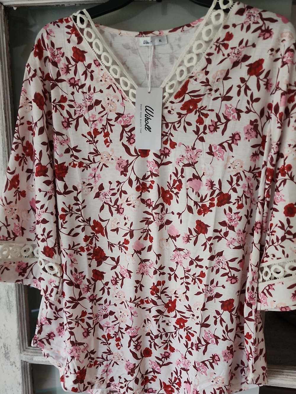 Floral Lace-Trim V-Neck in Cream, Pink & Burgundy